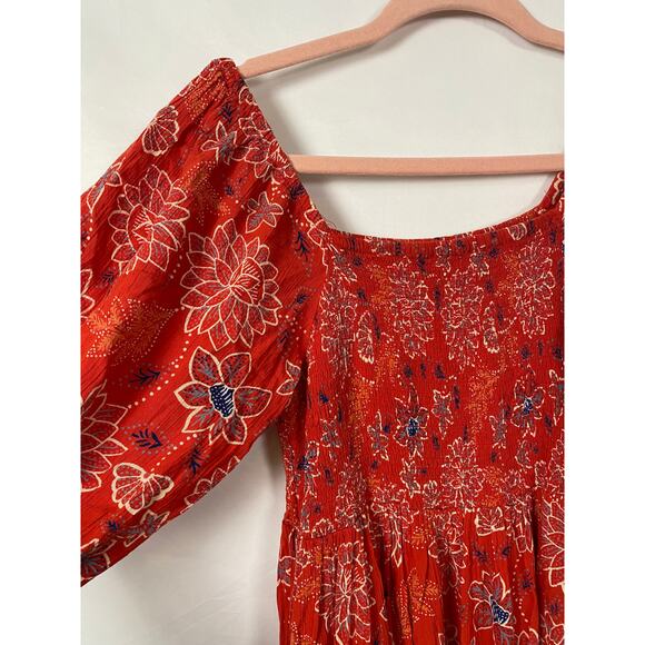 Angie Rayon Smocked Res MIDI Dress Balloon Sleeve Pocketed Floral Summer Size M - Picture 6 of 8